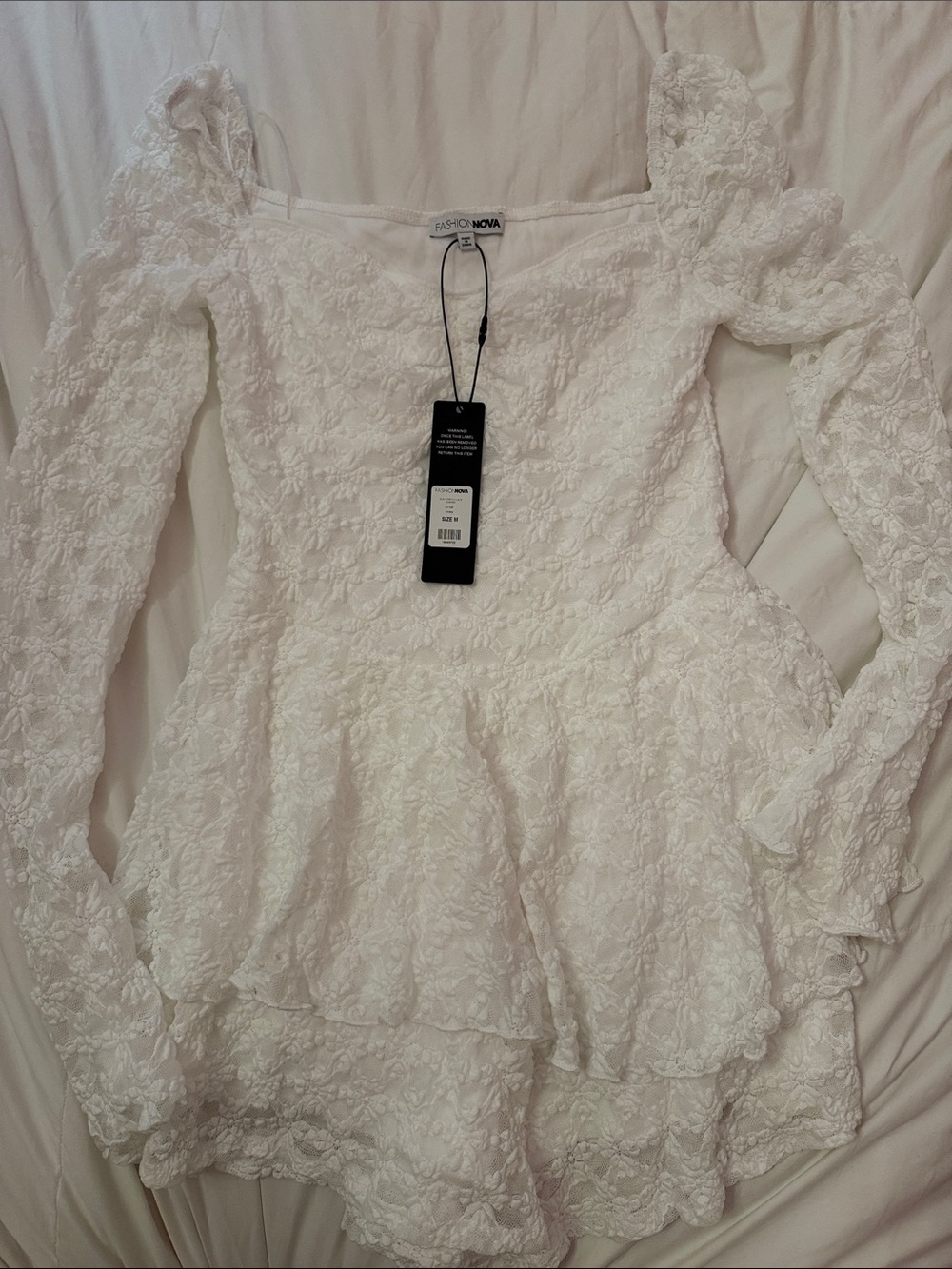 Fashion Nova White Lace Peplum Long-Sleeve Top